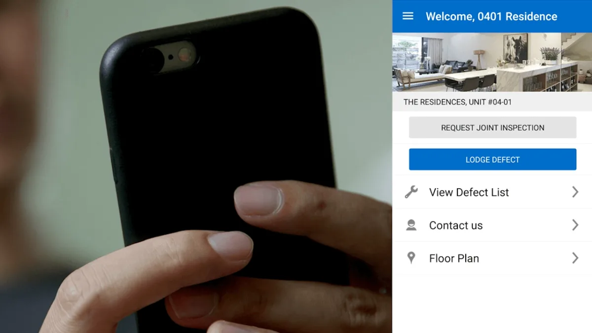 Novade app residential project dashboard on smartphone displaying defect logging and inspection features