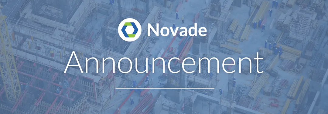 Novade announcement banner with aerial view of construction site