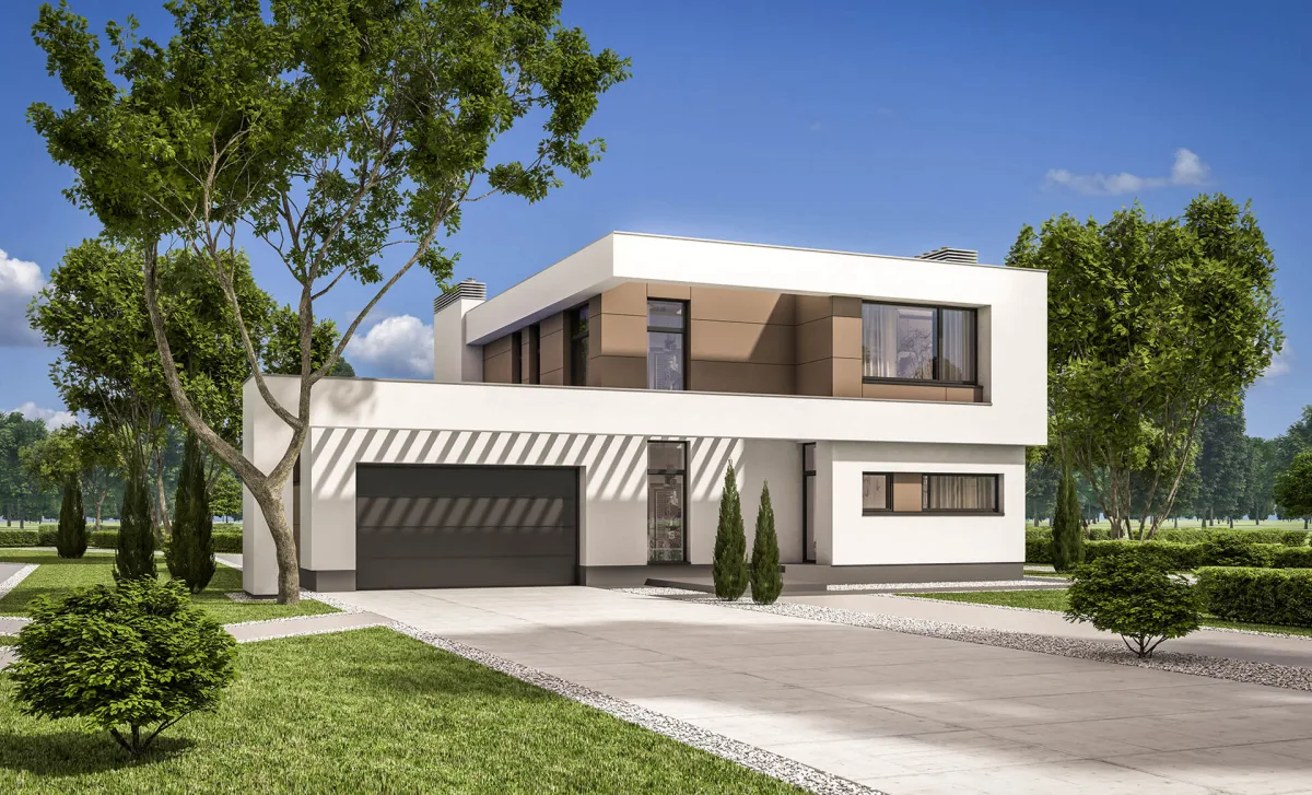 Contemporary residential home with modern architecture and manicured grounds