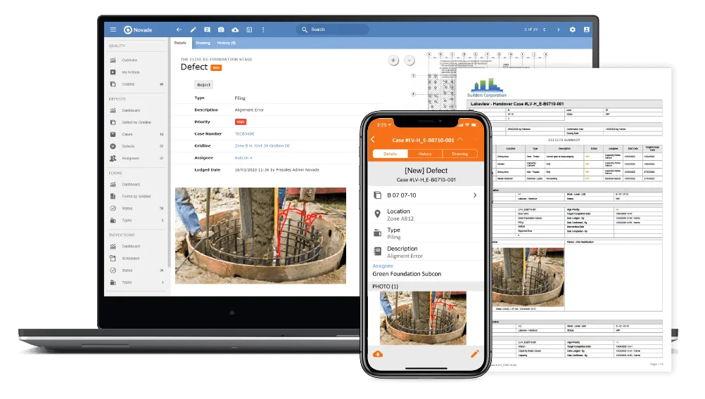 Quality control defect inspection tool displayed across desktop, mobile, and printed reports