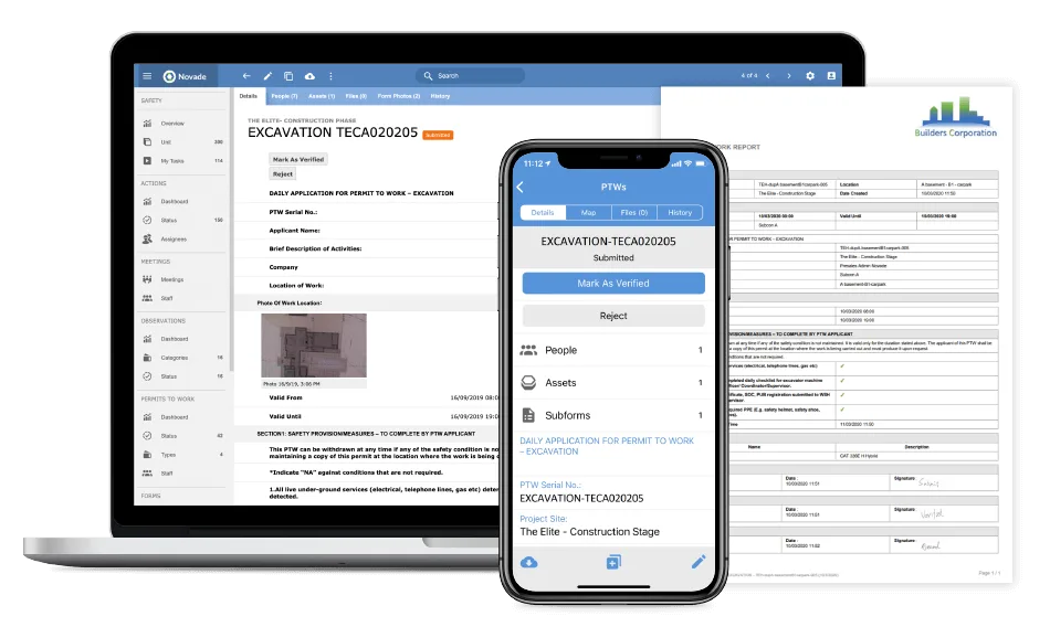 Novade excavation work permit and safety compliance interface on desktop and mobile