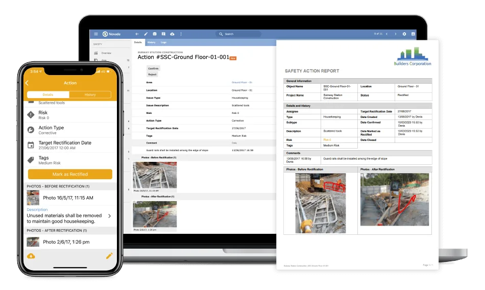 Novade safety action management interface on mobile and desktop