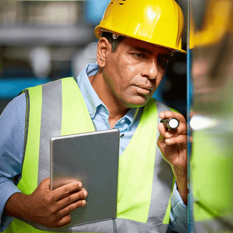 Construction supervisor monitoring site quality and safety using digital tools