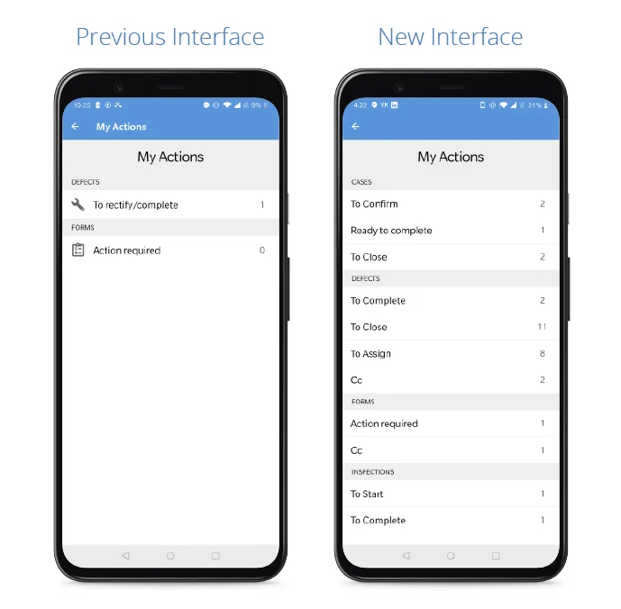 Novade quality inspection app redesign showing improved My Actions task management interface