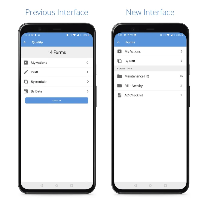 Novade quality forms interface redesign: before and after mobile screens
