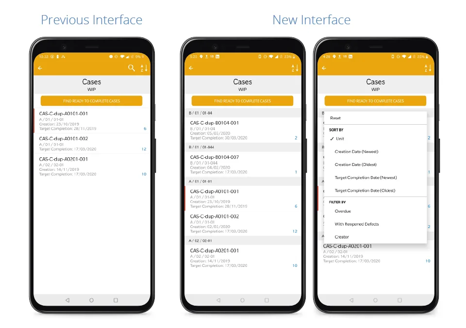 Quality case management interface update with new sort and filter capabilities