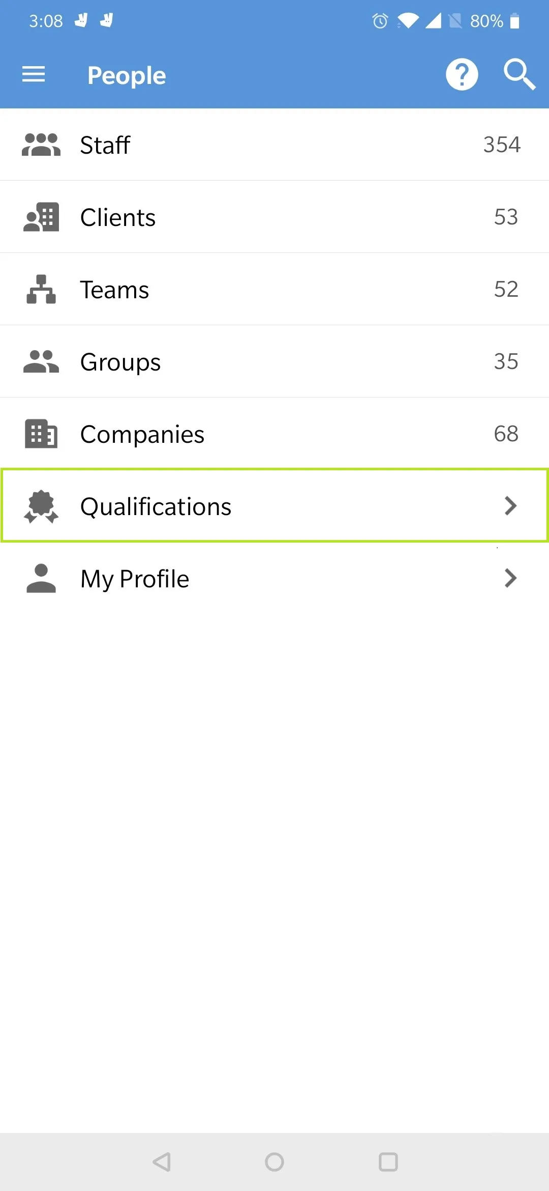 Novade app People menu with staff, clients, teams, and organizational categories