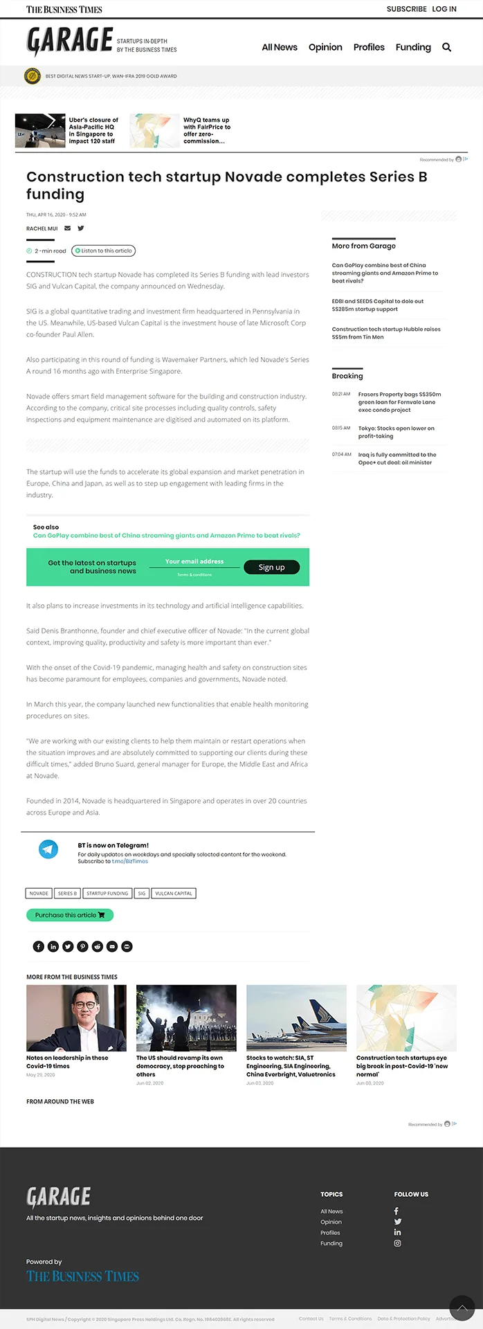 Business Times article announcing Novade's Series B funding completion