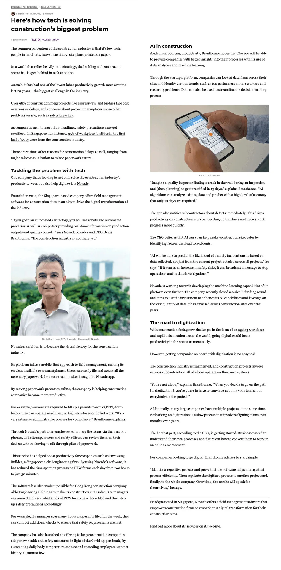 Article on construction technology solving management and safety challenges