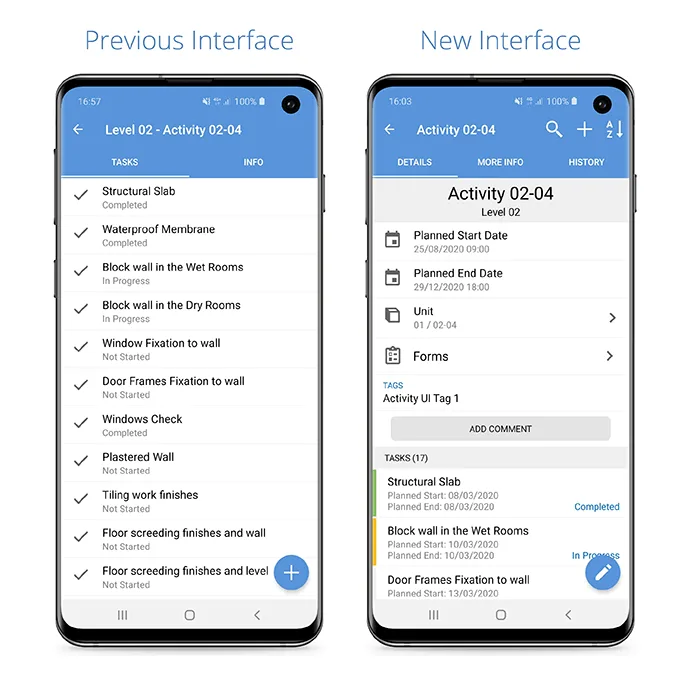 Novade Activity interface comparison: previous design with task list and new design with expanded details