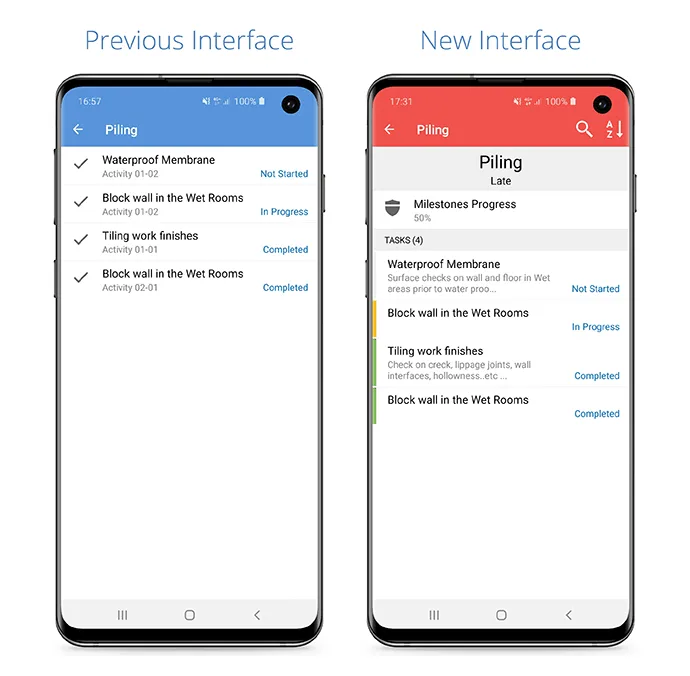 Novade activity checklist interface redesigned with milestone progress and status tracking