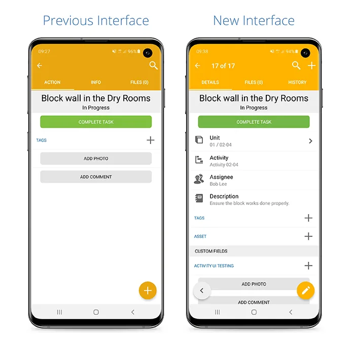 Redesigned Novade activity task interface with enhanced details, tags, and assignment management