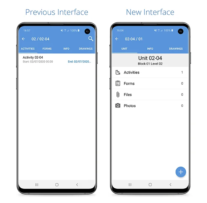 Novade mobile app redesign: activity interface updated to unit-based site management organization
