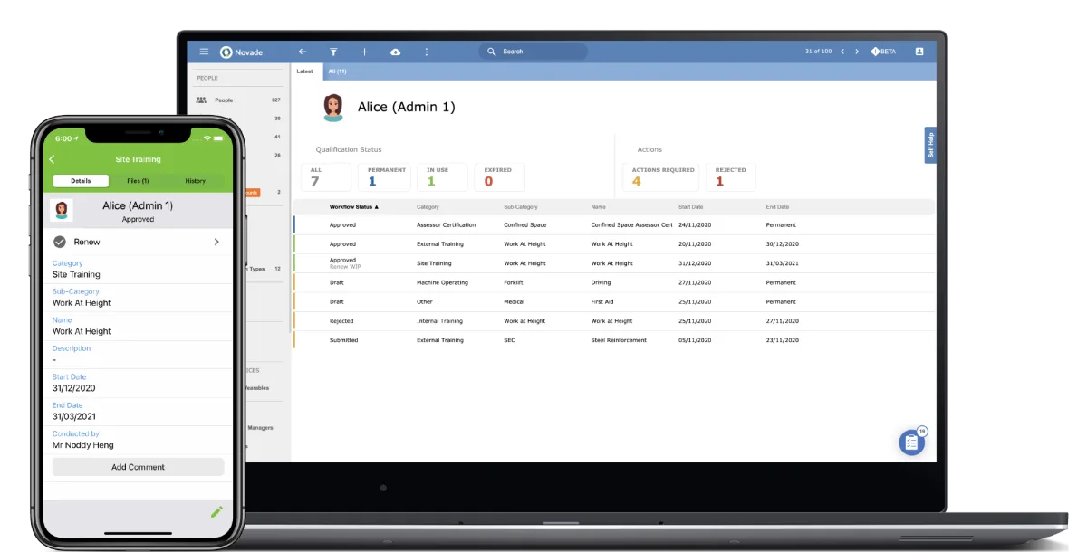 Novade qualifications dashboard tracking worker training records and certification status