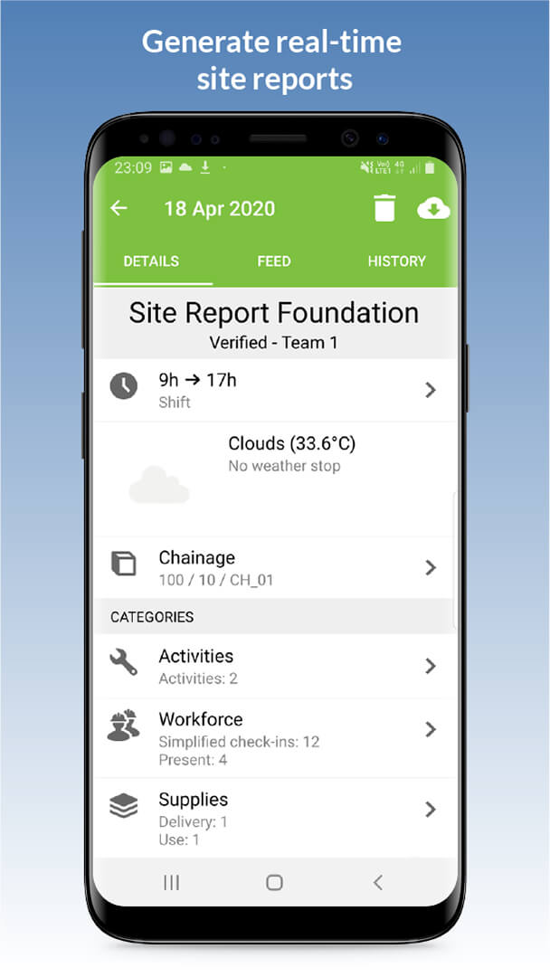Novade app screenshot real-time site reports