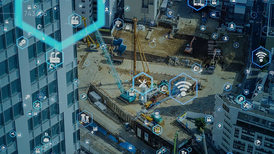 Aerial construction site view with digital data management visualization overlay