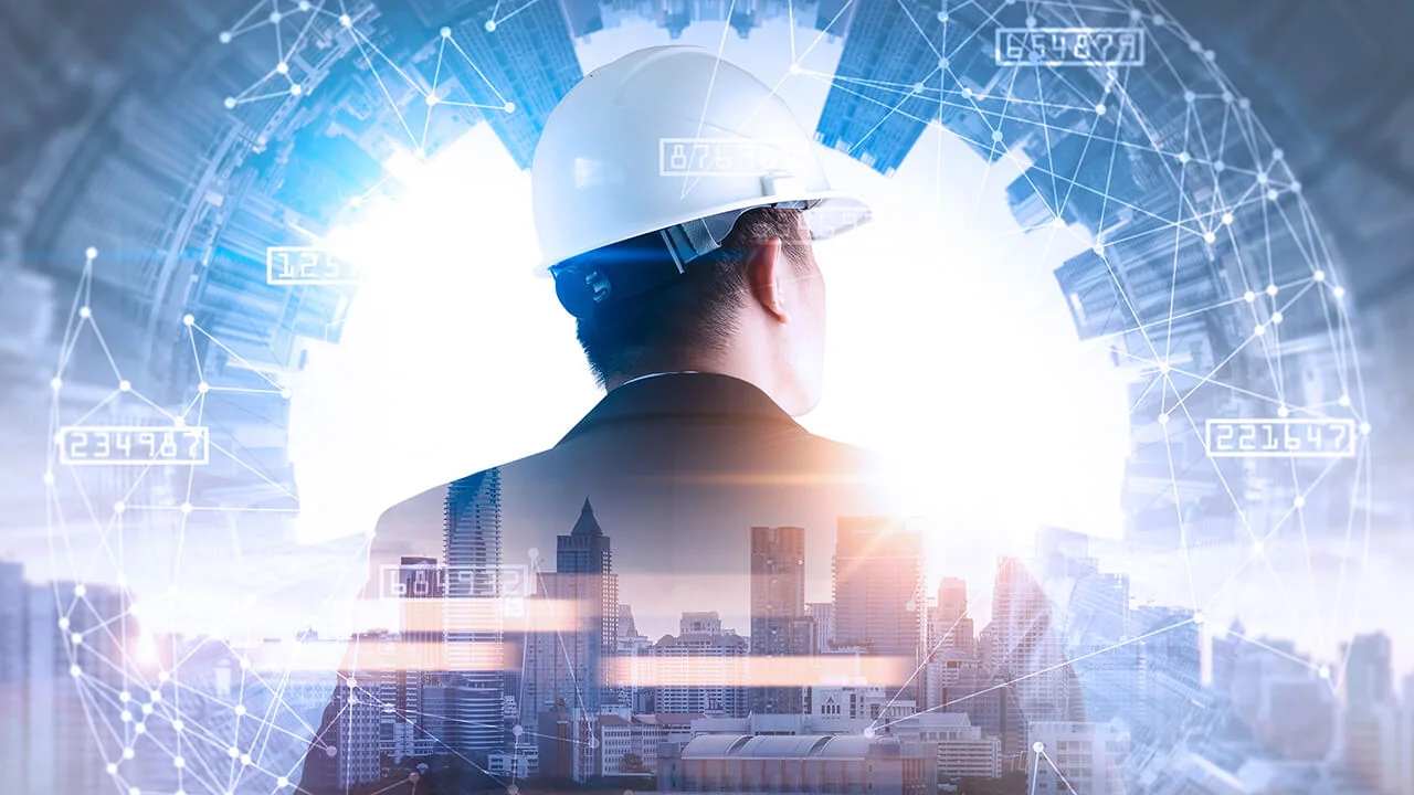Construction manager with digital network overlay representing AI-powered site management technology
