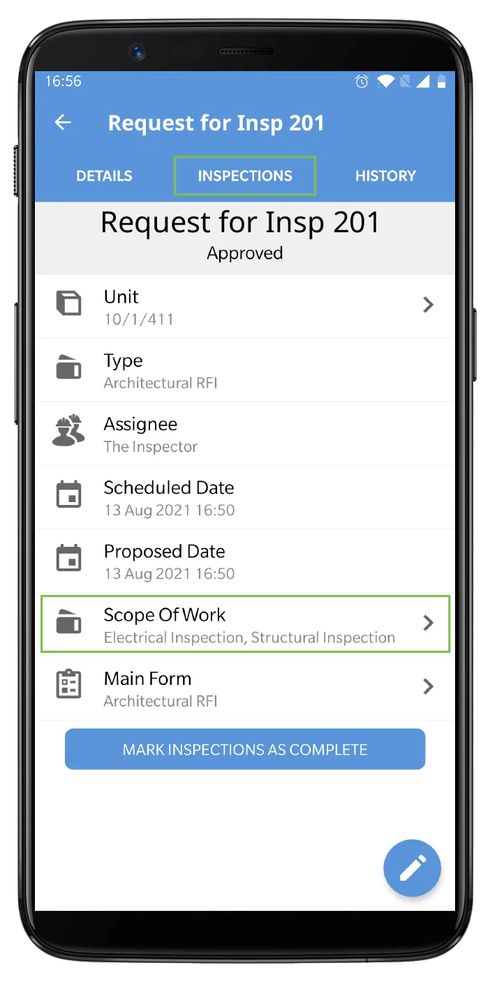 Inspection request management screen in Novade mobile app showing RFI approval status and details