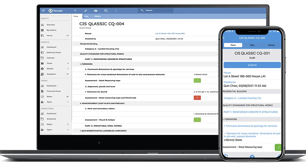 Novade quality inspection form accessible on laptop and mobile device
