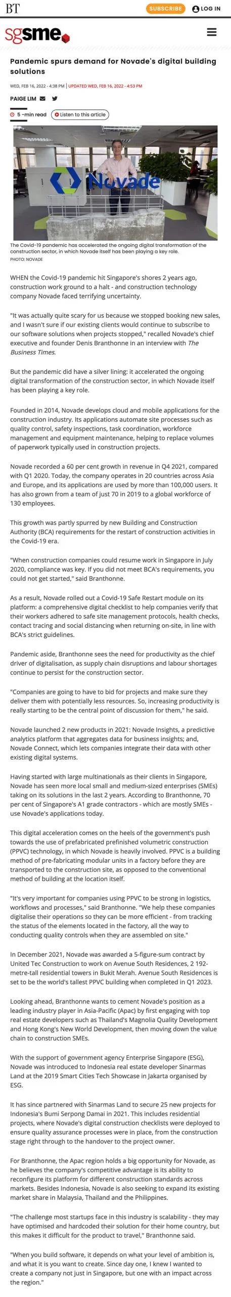 Business Times Singapore article on Novade digital construction management solutions