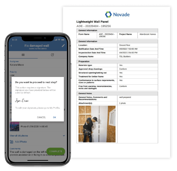 Digital forms on Novade Lite home builder app