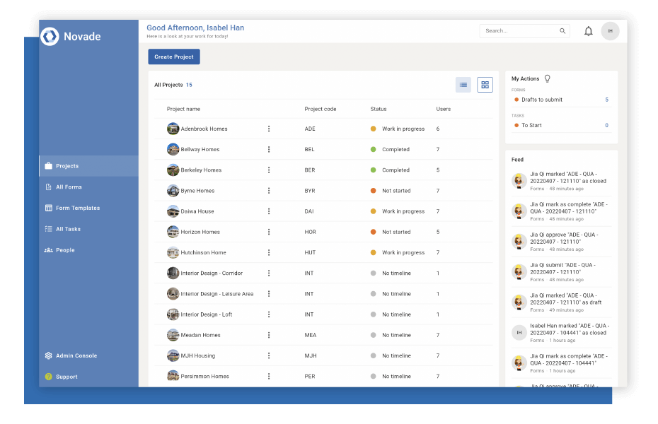 Novade-Lite-Progress-Tracking-screens-monitor-project status Form builder on Novade Lite