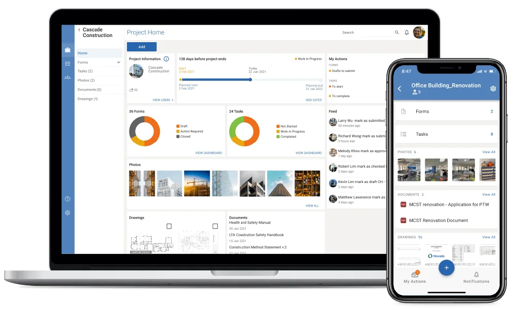 Novade Lite construction app and desktop view