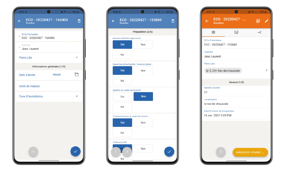 Novade-Lite-Forms-mobile-functionality-screens-FR Novade Lite construction checklist app on mobile