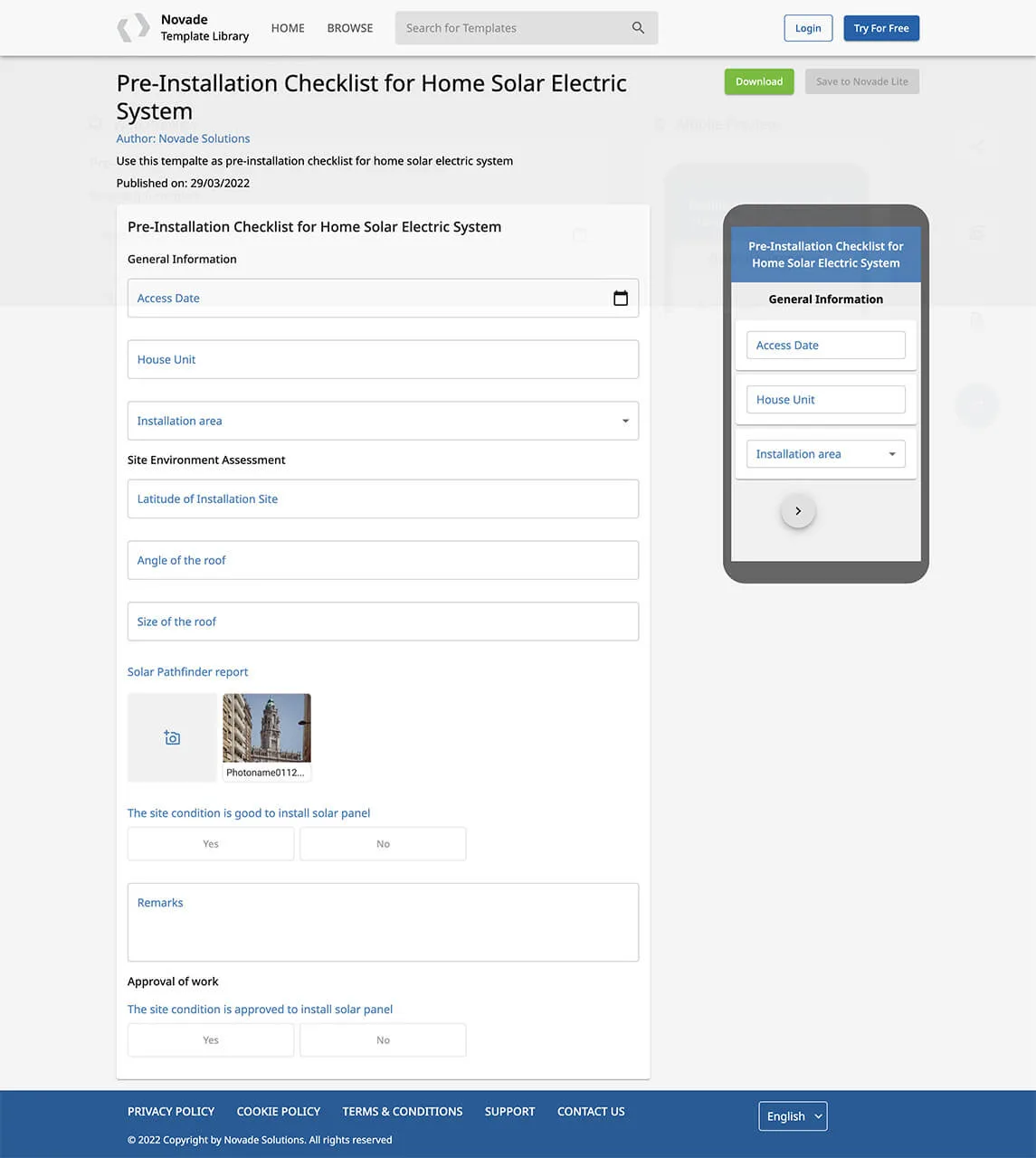 Pre-installation checklist template for home solar electric system showing form layout and mobile preview
