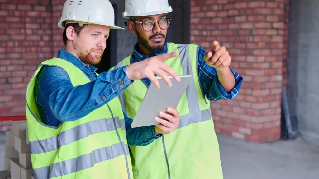 Construction workers conducting on-site safety compliance review on tablet