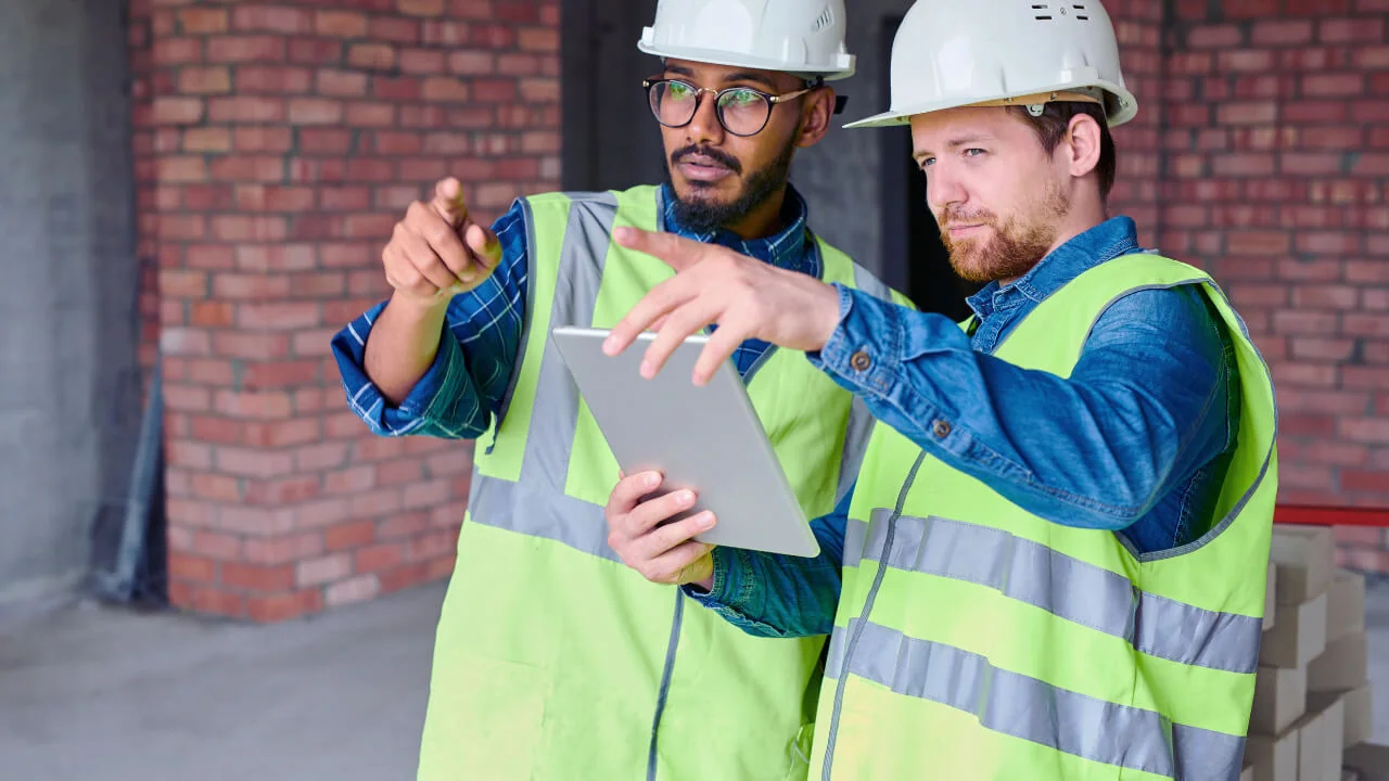 Construction workers conducting on-site safety compliance review on tablet