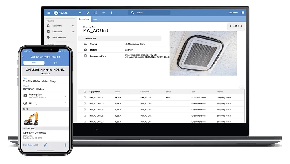 Novade asset management platform showing AC unit equipment details and inspection data