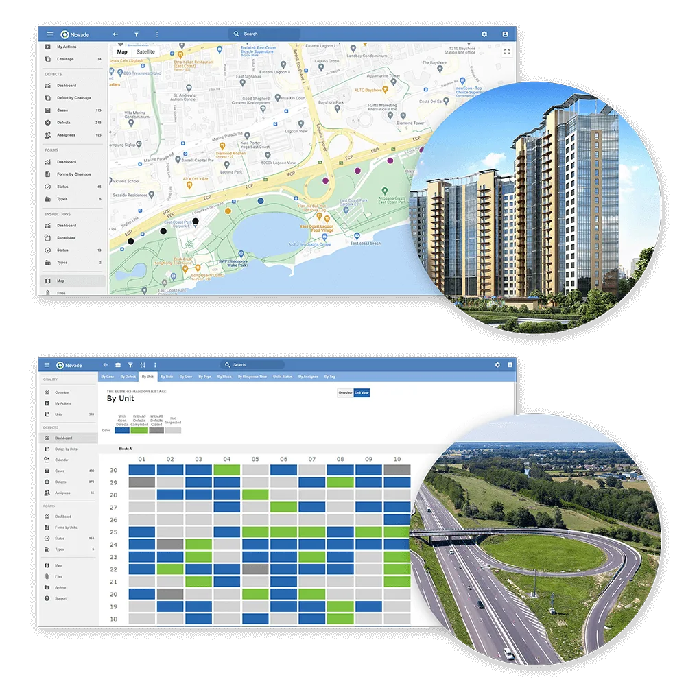 Novade platform interface displaying construction site locations and organized project data