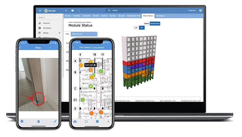 Novade construction platform for site documentation, inspection, and module status tracking across devices
