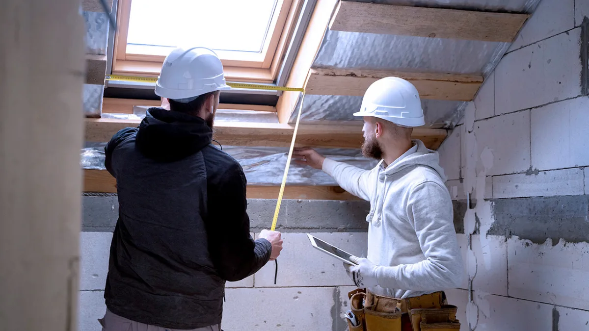 Two construction workers inspecting insulation installation on building framing