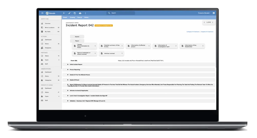 Novade RIDDOR incident reporting interface showing Incident Report 042 with investigation details