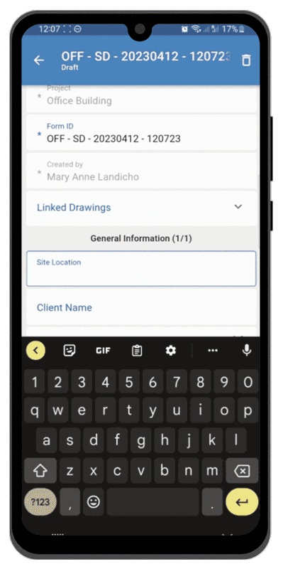 Novade site report form on mobile device for office building project documentation