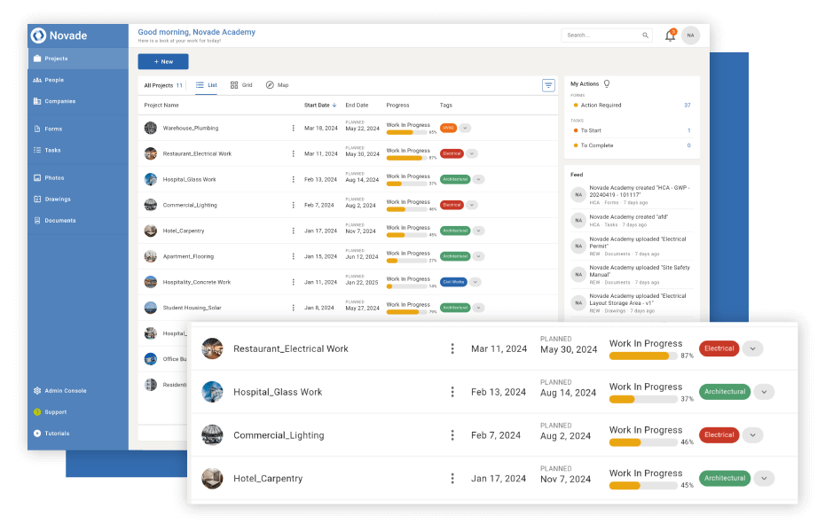 Novade Lite contractor app on desktop