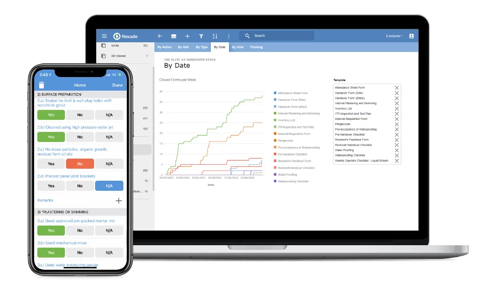 Novade forms engine on mobile and desktop, displaying safety inspection checklist and analytics dashboard