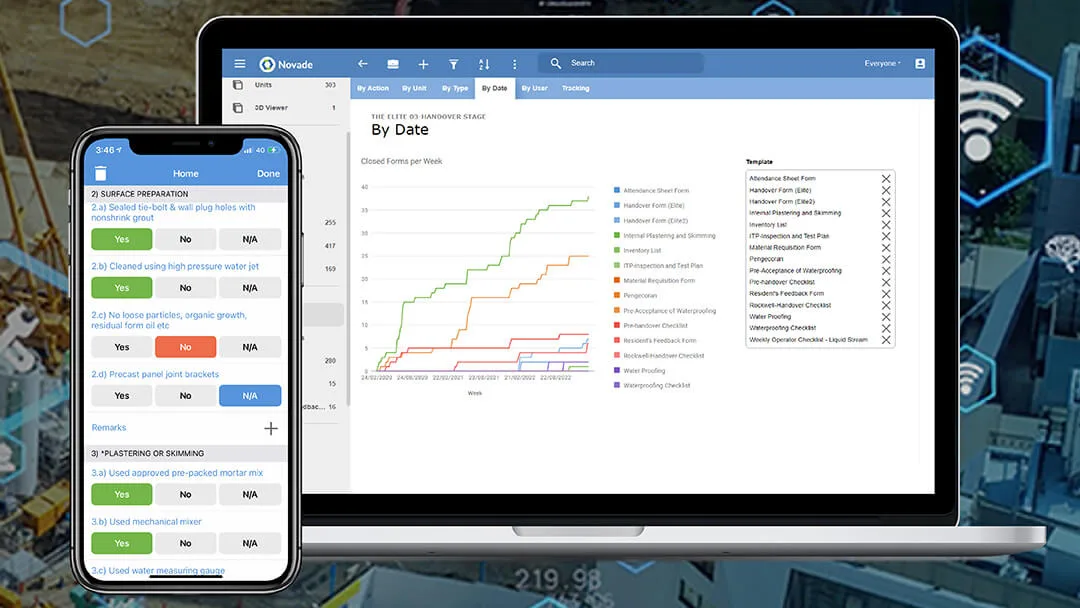 Novade Enterprise platform showing mobile safety inspection checklist and desktop analytics dashboard