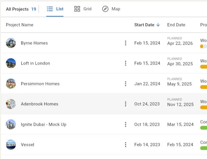 Novade project timeline list displaying construction projects with dates