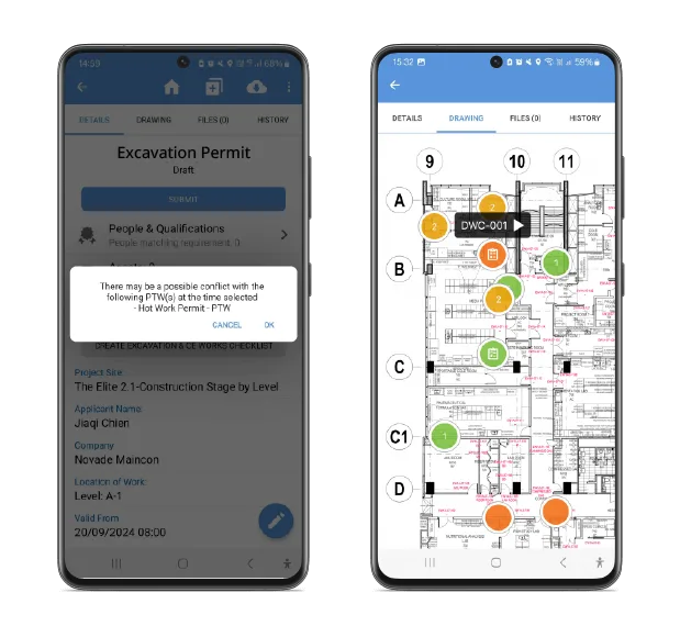 Novade mobile app detecting permit-to-work conflicts on construction site drawing