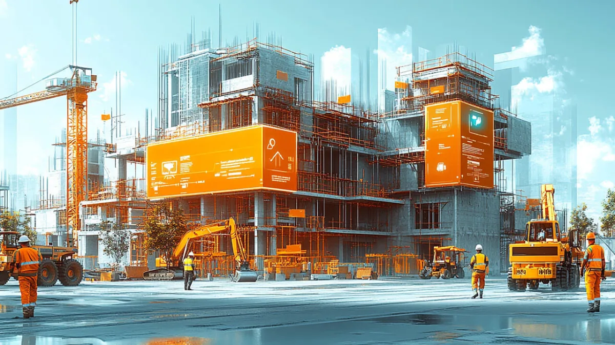 Active construction site with workers and heavy machinery during building project