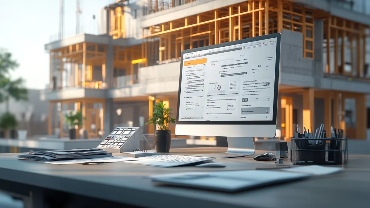 Novade project management software displayed on office monitor with construction site in background