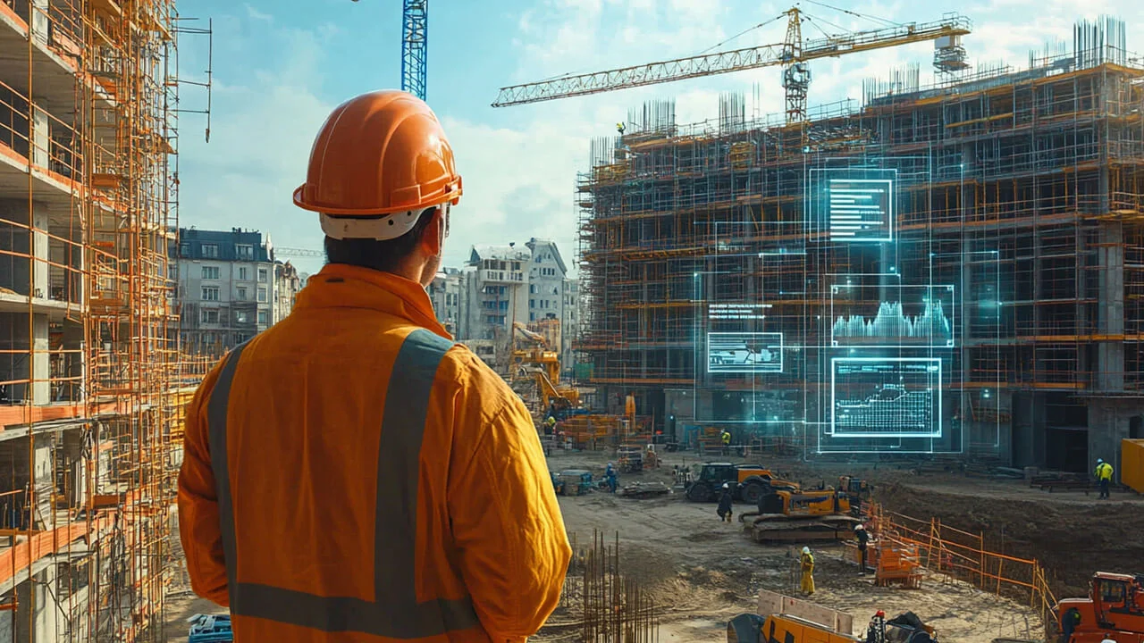 Construction worker reviewing digital safety interface on active building site