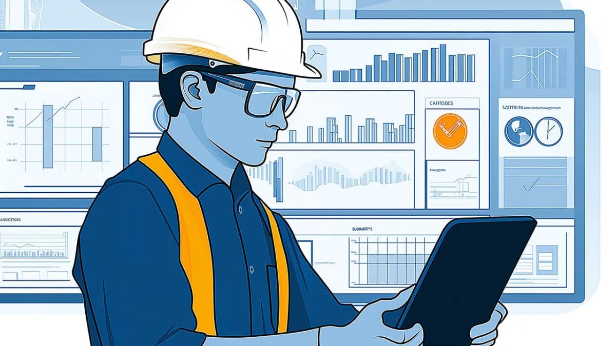Construction manager viewing real-time project data and safety metrics on tablet