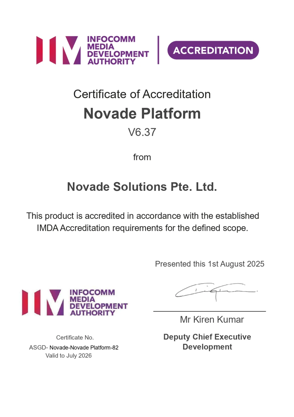 IMDA Novade 認可證書 2025 年 8 月