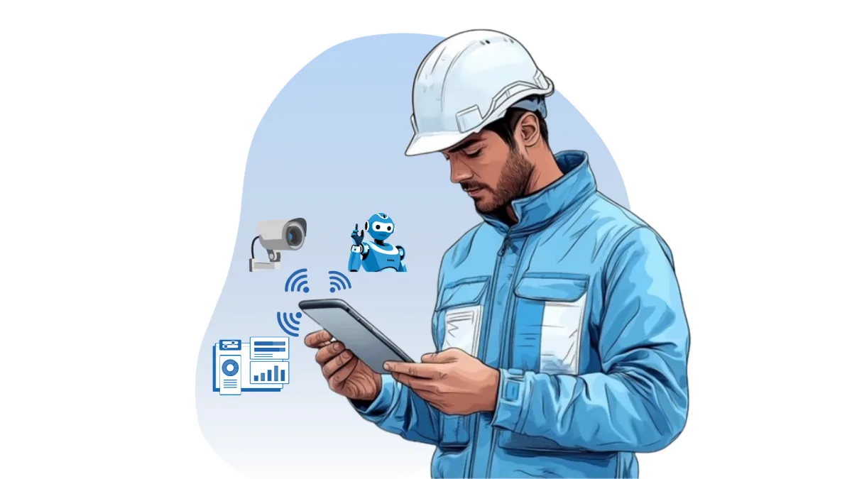 Construction worker using tablet for connected site monitoring and project analytics