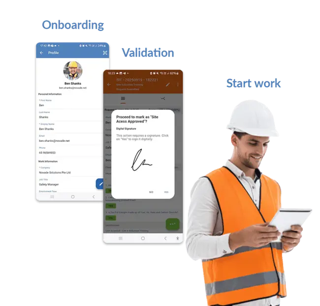 Novade workflow: worker onboarding, site access validation with digital signature, mobile fieldwork