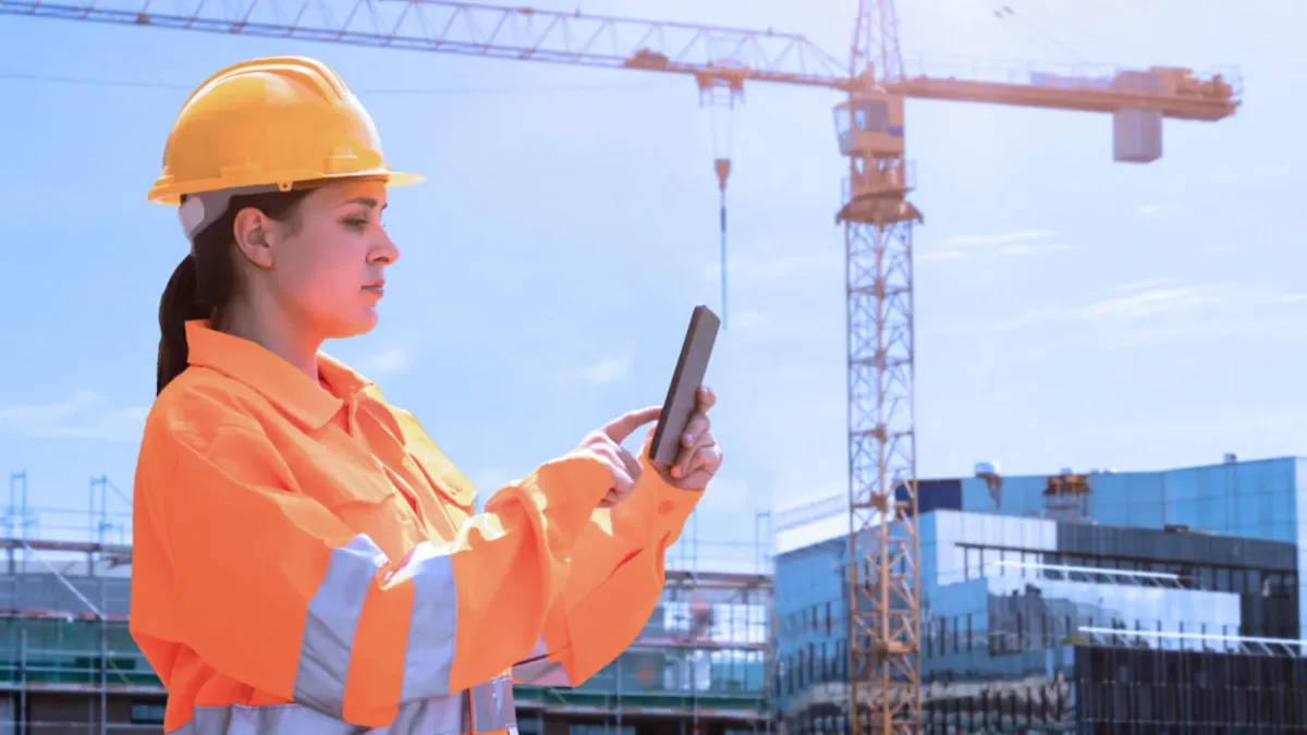 Site supervisor using mobile for construction site safety and project management